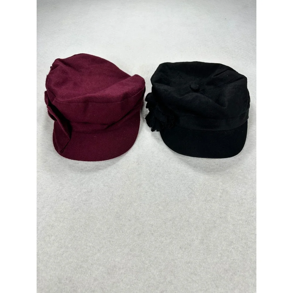 August Hat Company Newsboy Cap Set 2 Burgundy Wool Blend Black Linen Cotton Bow